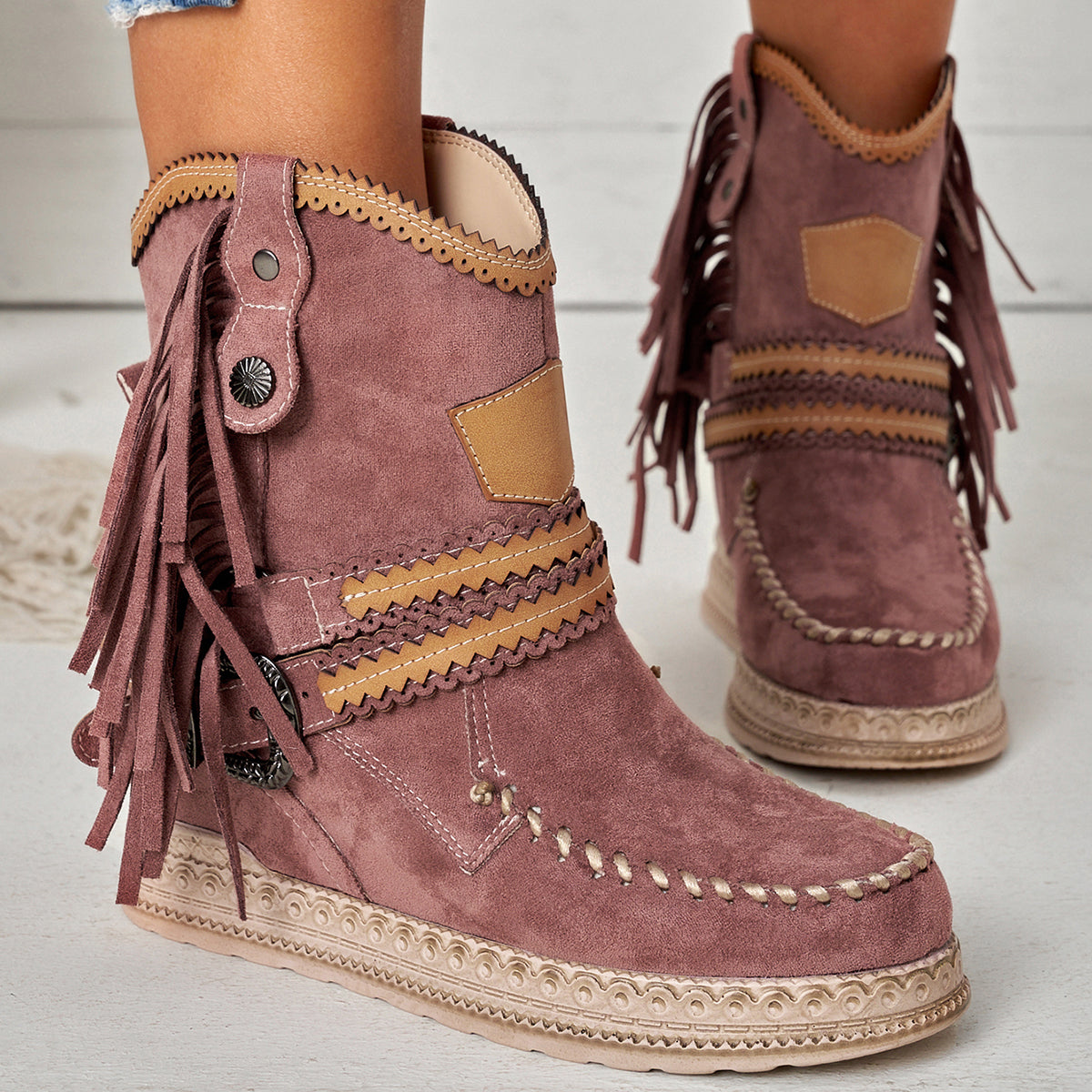 Veooy Tassel Cowboy Ankle Boots Stone Washed Wedge Heel Booties