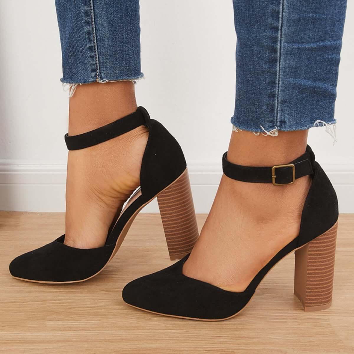 Veooy Casual Chunky Block High Heel Pumps Pointed Toe Ankle Strap Heels