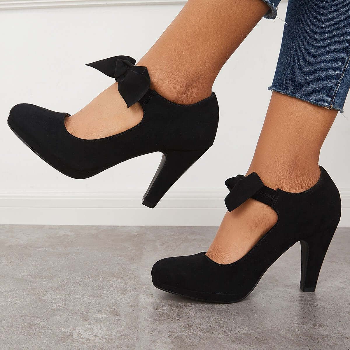 Veooy Thick Heel Pumps Bowknot Round Toe Ankle Strap Heels