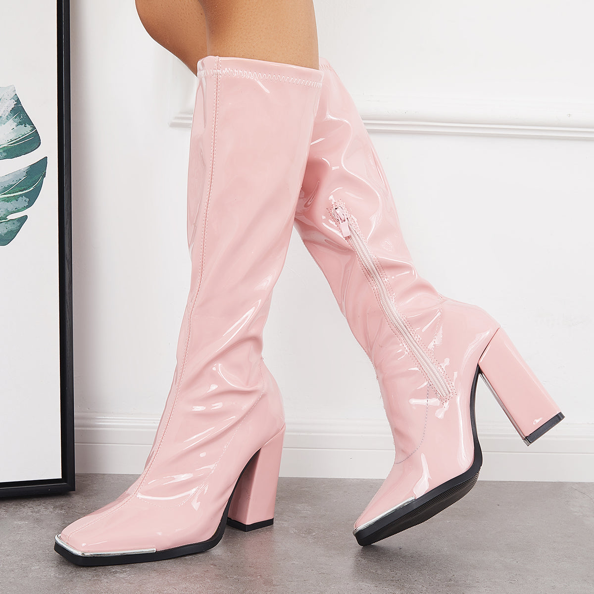 Veooy Patent Leather Square Toe Block Chunky Heel Knee High Boots