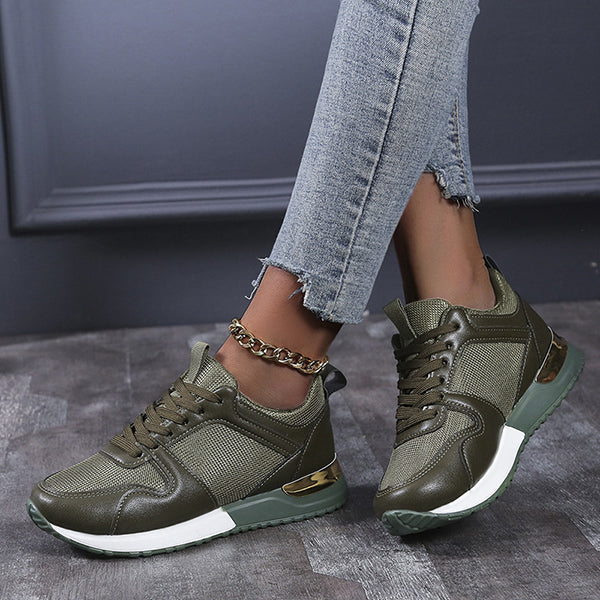 Veooy Women Casual Leather Colorblock Mesh Sneakers