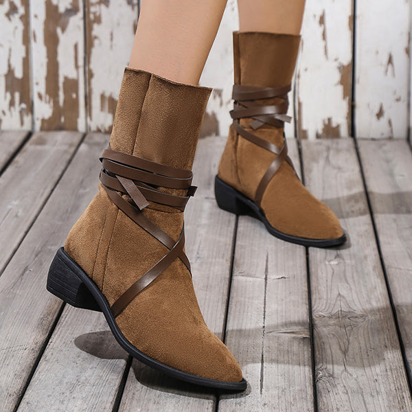 Veooy Pointed Toe Suede Around Lace-up Embrellished Mid-calf Boots
