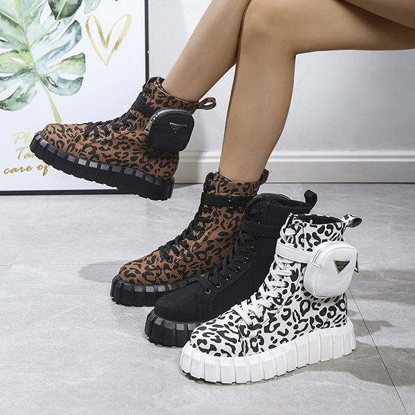 Veooy In Round Toe Leopard Print Lace-up Booties