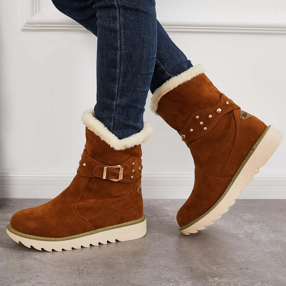 Veooy Non Slip Snow Ankle Boots Warm Fur Lined Slip On Booties