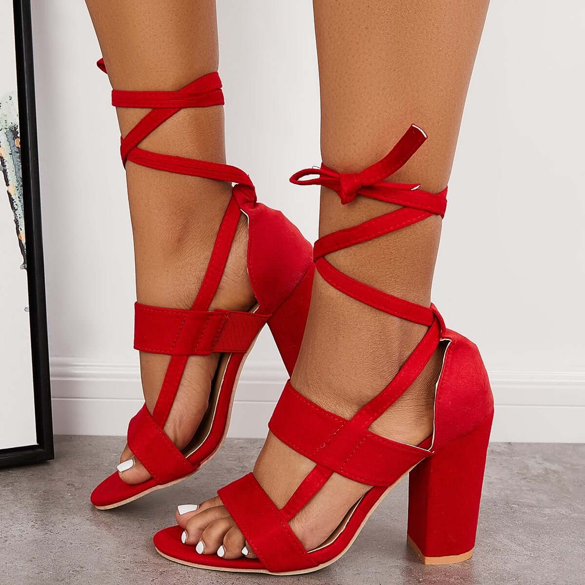 Veooy Lace Up Chunky Block High Heel Sandals Ankle Strap Dress Heels
