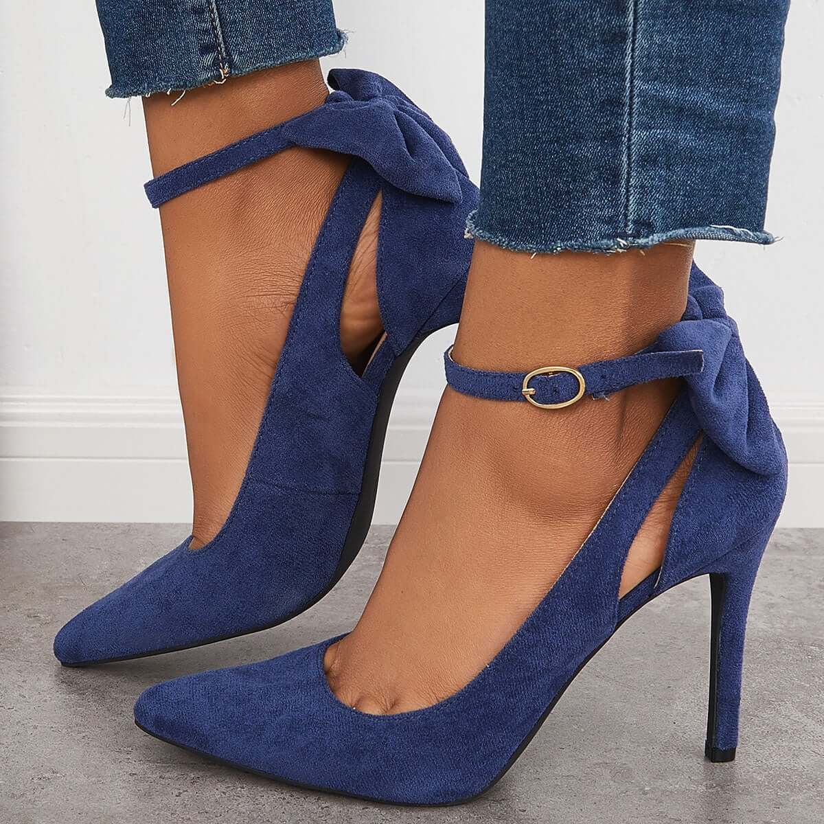 Veooy Bowknot Pointed Toe Stiletto Heels Ankle Strap Dress Pumps