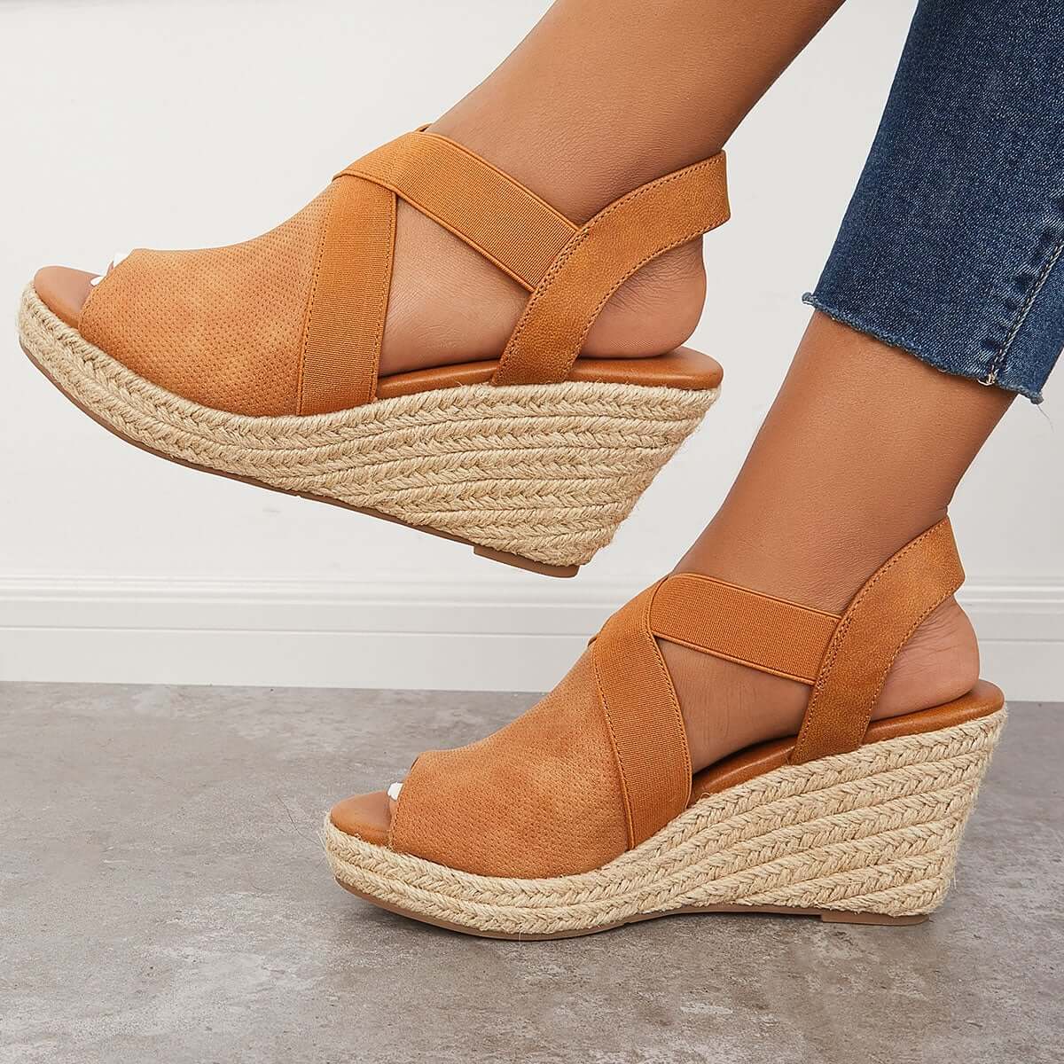 Peep Toe Magic Tape Wedges Crossed Sandals