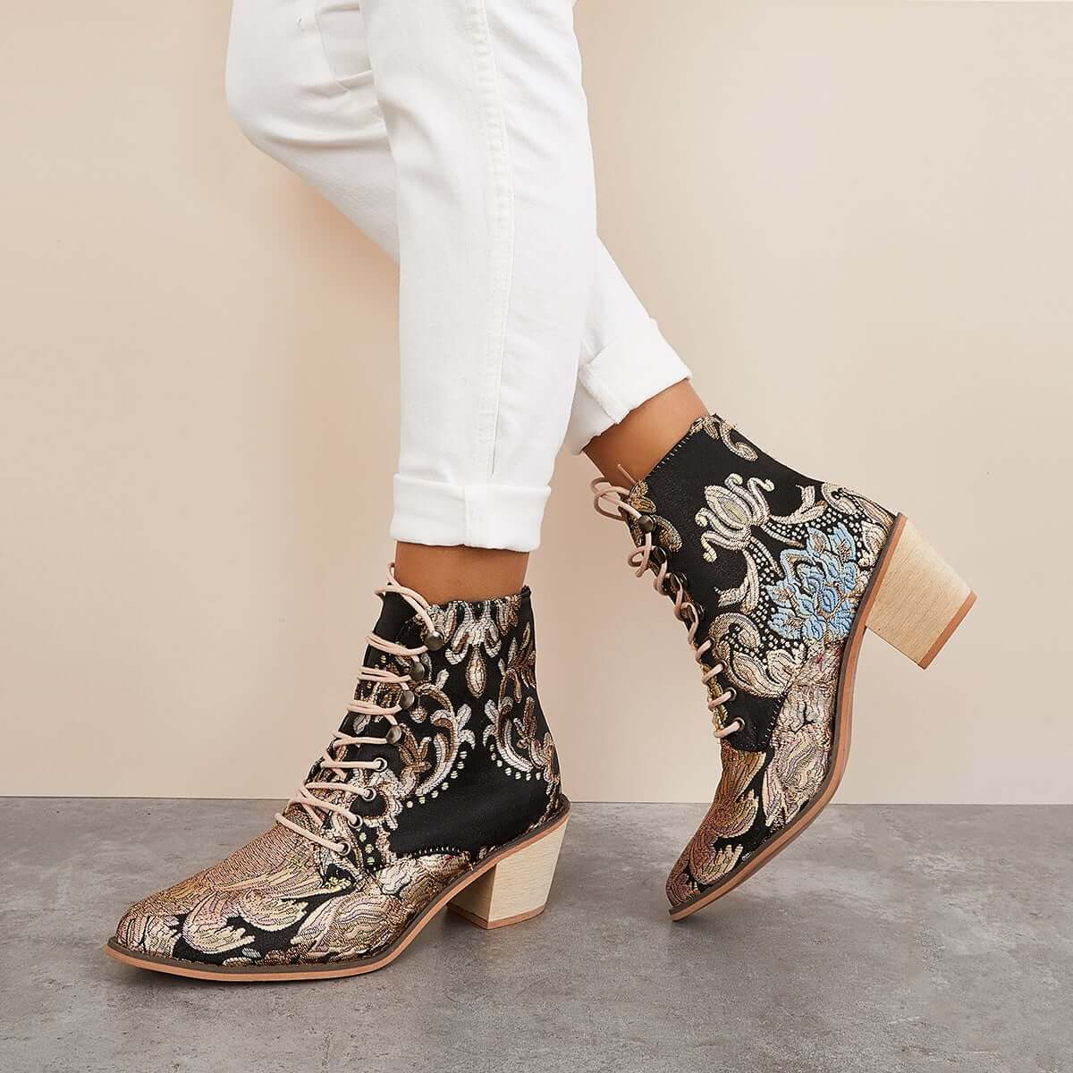 Veooy Retro Embroidered Cowboy Ankle Boots Block Heel Western Booties