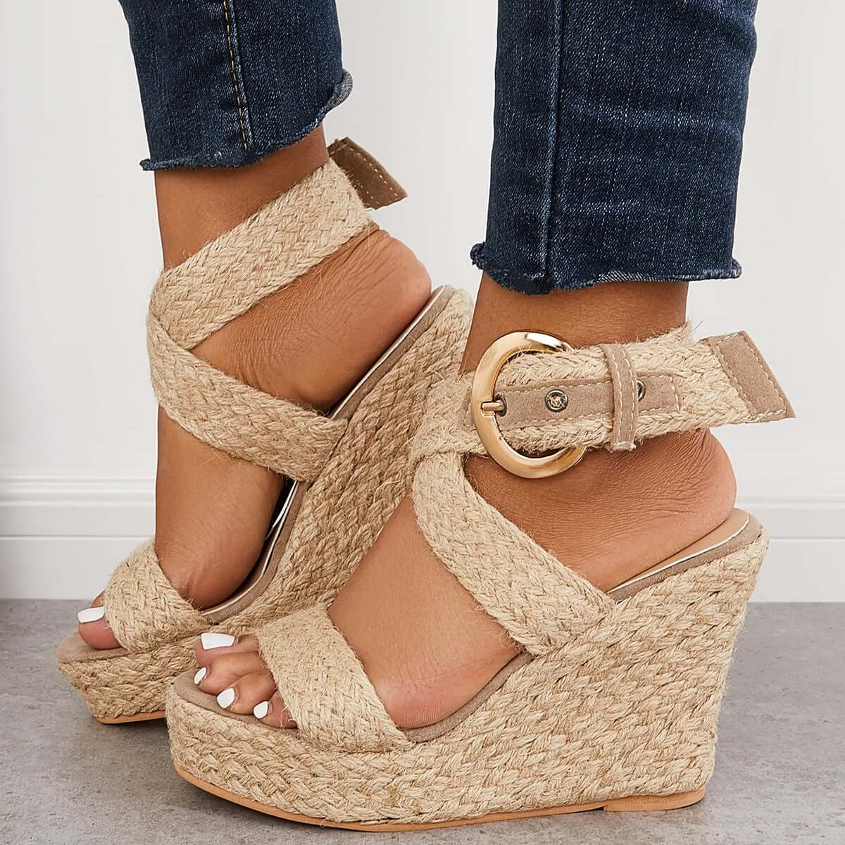 Veooy Criss Cross Ankle Strap Espadrille Wedges Platform Sandals