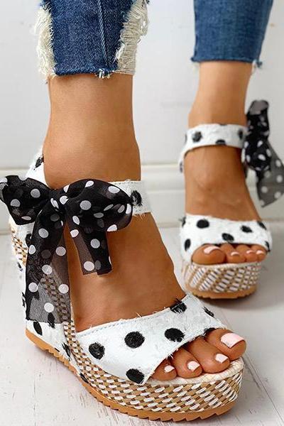 Veooy Dot Bowknot Design Platform Wedge Sandals