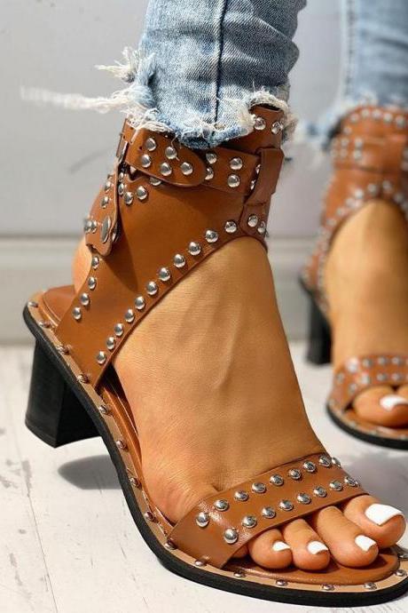 Veooy Open Toe Rivet Chunky Heeled Sandals For Women