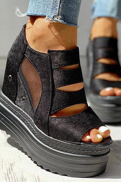 Veooy Side Zipper Peep Toe Patchwork Platform Sandals