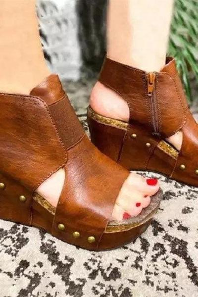Veooy Fashionable Retro Western Style Wedge Sandals
