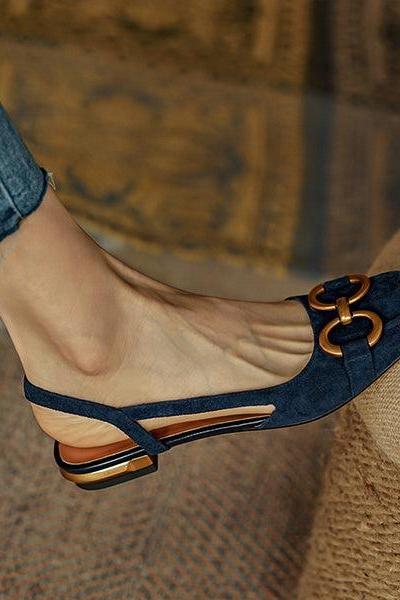 Veooy Suede Solid Metallic Buckle Upper Slingback Flats