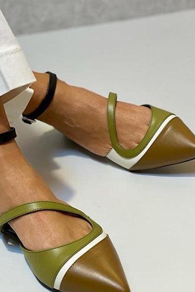 Veooy Mix Color Pointed Toe Buckle Flats