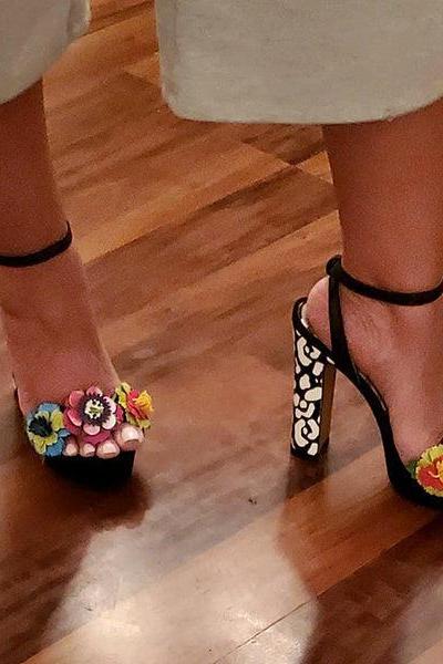 Veooy Colorful 3d Flowers Snake Embossed Ankle Strap Heels