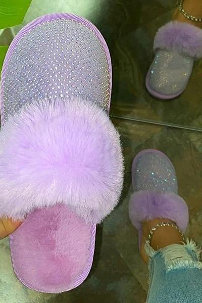 Veooy Diamond Faux Fur Slippers