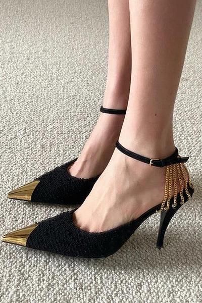 Veooy Sexy Metal Pointed Toe Chain High Heeled Pumps