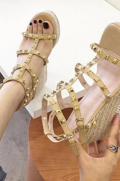 Veooy Stud Straps Open Toe Clogs Wedge Heel Sandals