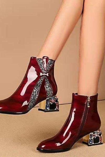 Veooy Bling Rhinestone Sequined Patent Leather Ankle Boots