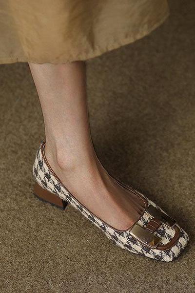 Veooy Square Toe Houndstooth Low Heels