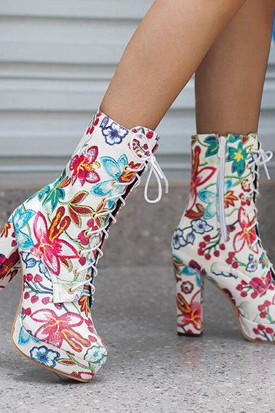 Veooy High Block Heel Floral Bohemian Lace Up Ankle Boots