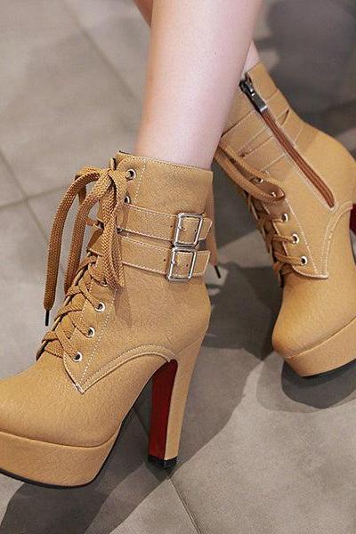 Veooy Stylish Lace Up Thick Heel Ankle Combat Boots