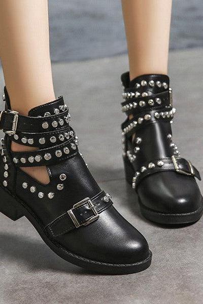 Veooy Studded Cut Out Buckle Strap Chunky Heel Boots