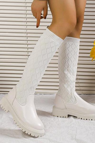 Veooy Knitted Argyle Sock Mid-Calf Boots