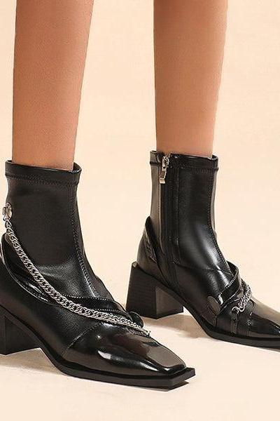 Veooy Square Toe Chain Block Heeled Ankle Booties
