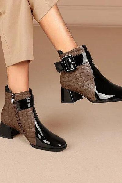 Veooy Patent Colorblock Buckle Ankle Booties