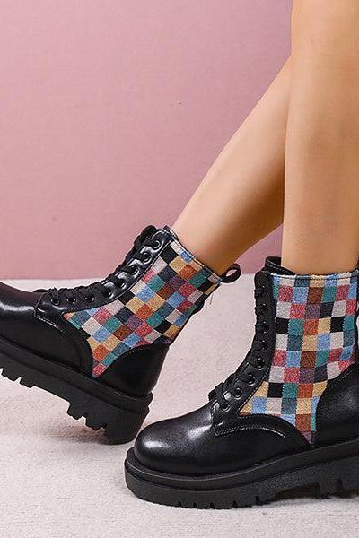 Veooy Colorful Plaid British Style Lace-up Boots