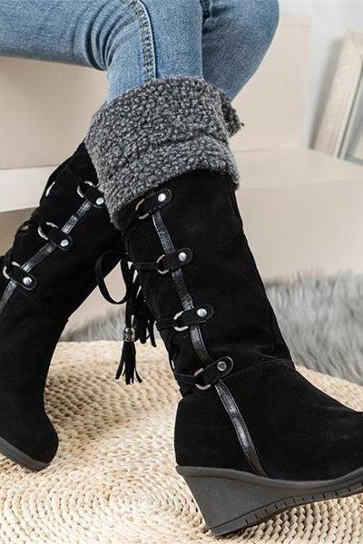 Veooy Winter Lace Up Fur Warm Heeled Boots