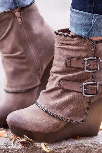 Veooy Wedge Faux Suede Zipper Ankle Boots