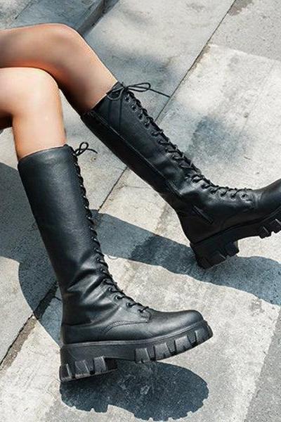 Veooy Lace Up Platform Heel Knee High Boots Lug Sole Combat Boots