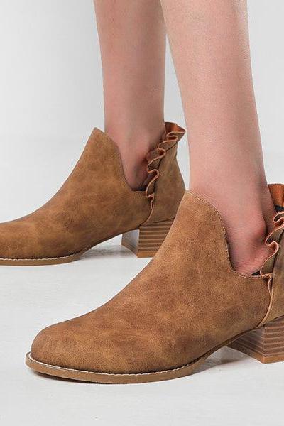 Veooy Cutout Slip On Ankle Boots Ruffle Chunky Heel Short Booties