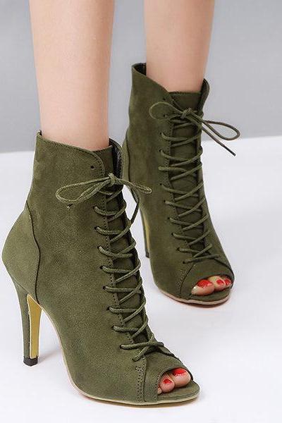 Veooy Peep Toe Stiletto High Heel Ankle Boots Lace Up Booties