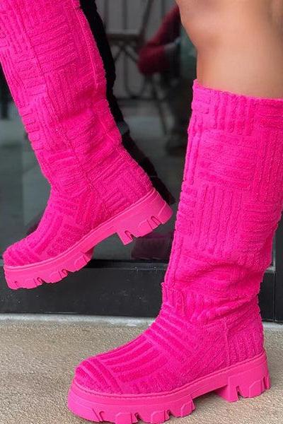 Veooy Candy Color Over Knee Knit Long Platform Boots