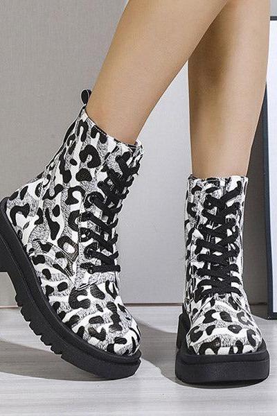 Veooy Lace-Up Front Leopard Round Toe Block Heel Thread Boots