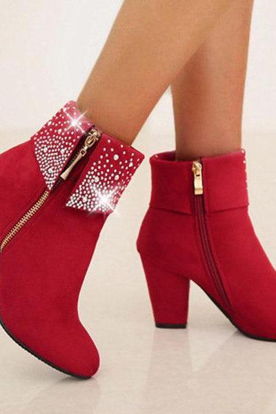 Veooy Rhinestone Frosted Chunky Heel Short Boots