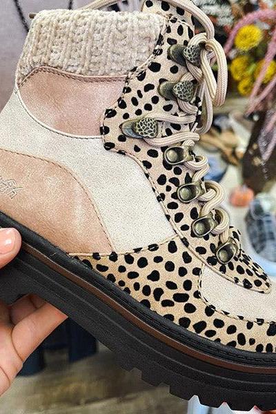 Veooy Leopard Color Block High Top Lace Up Martin Boots