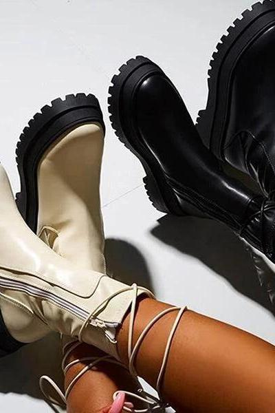 Veooy Chunky Platform Ankle Boots Wide Calf Lug Sole Booties