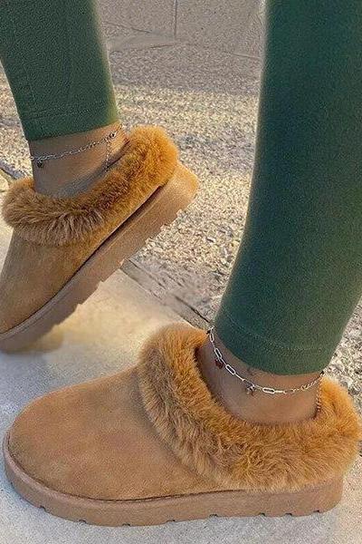 Veooy Winter Warm Suede Mules Slippers Slip On Fur Lined Shoes