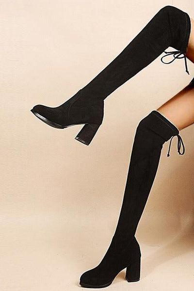 Veooy Black Stretchy Over The Knee Boots Chunky Block Heel Long Boots