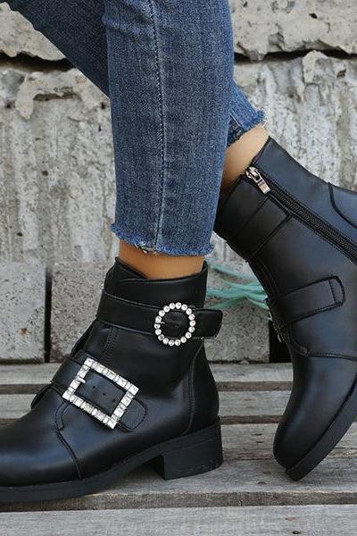 Veooy Rhinestone Buckle Comfy Ankle Booties
