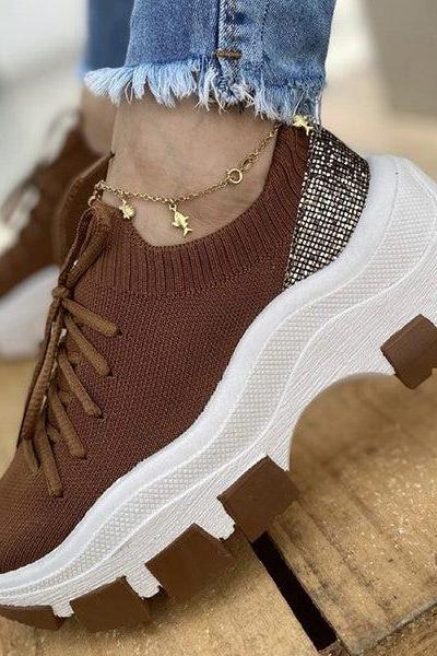 Veooy Knit Colorblock Wedge Lace-up Sneakers