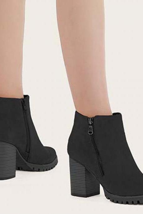 Veooy Black Chunky Heel Booties Round Toe Side Zip Ankle Boots