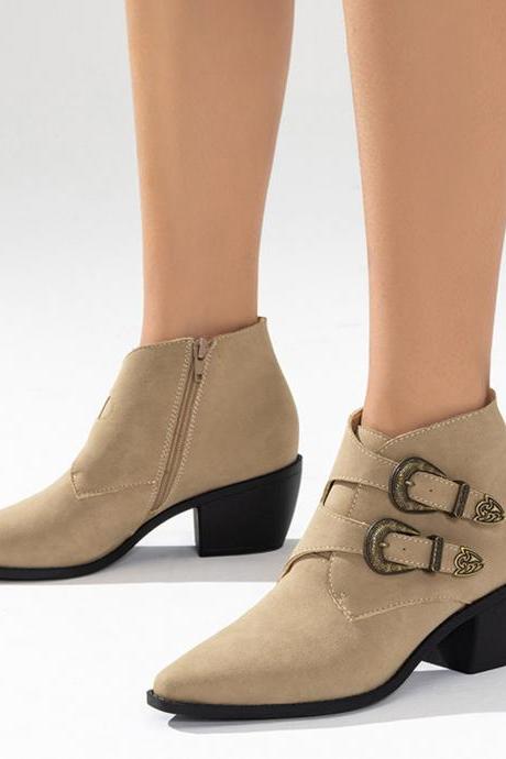 Veooy Buckle Side Zipper Ankle Boots Pointed Toe Chunky Heel Booties
