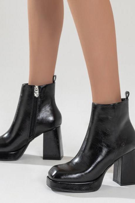 Veooy Black Square Toe Platform Chunky Heeled Ankle Boots