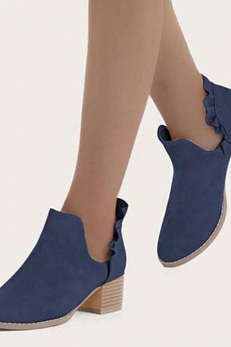 Veooy Ruffle Cutout Ankle Boots Slip On Chunky Stacked Heel Booties